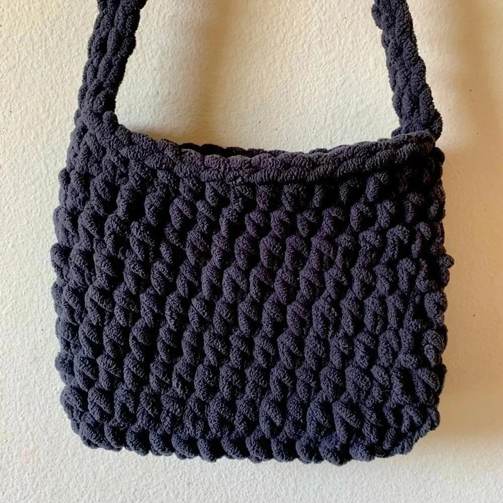 Grey Crochet Mini Shoulder Bag Knit Utility Casual Women's Clutch Purse - Picture 2 of 3